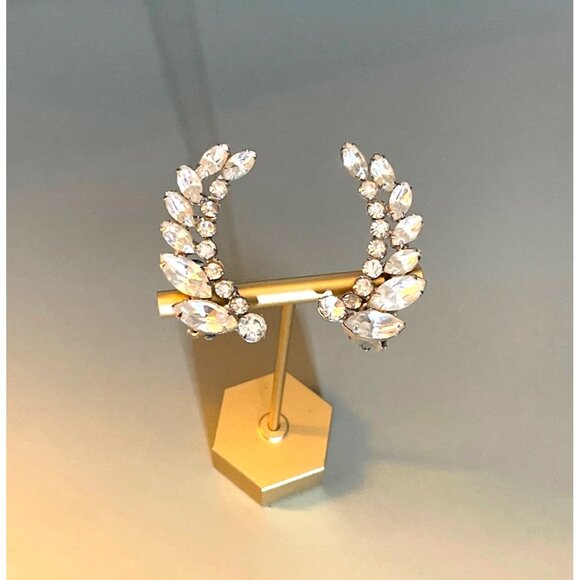 Vintage Weiss Clear Rhinestone Leaf Clip-On Earrings Silver Tone Elegant Design - Picture 8 of 8